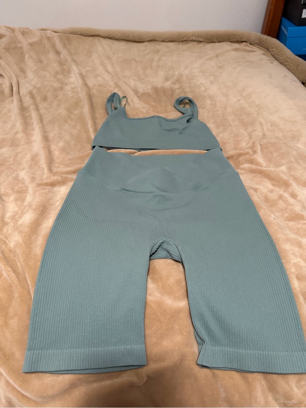 New’m USA Ribbed Two-Piece Active Set in Dusty Teal S/M
